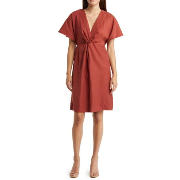 Julia Jordan Dress Womens 4 Flutter Sleeve Twist Front V Neck Sheath in Rust - Picture 1 of 11